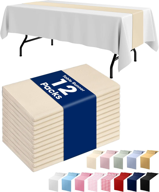 Pureegg Ivory Plastic Table Runners - 12 Pack, 14'' x 108'', Water Resistant & Disposable Cream Centerpiece Decorations for Table Cloth, Wedding, Birthday, Holiday, Baby Shower, Beige Home Decor