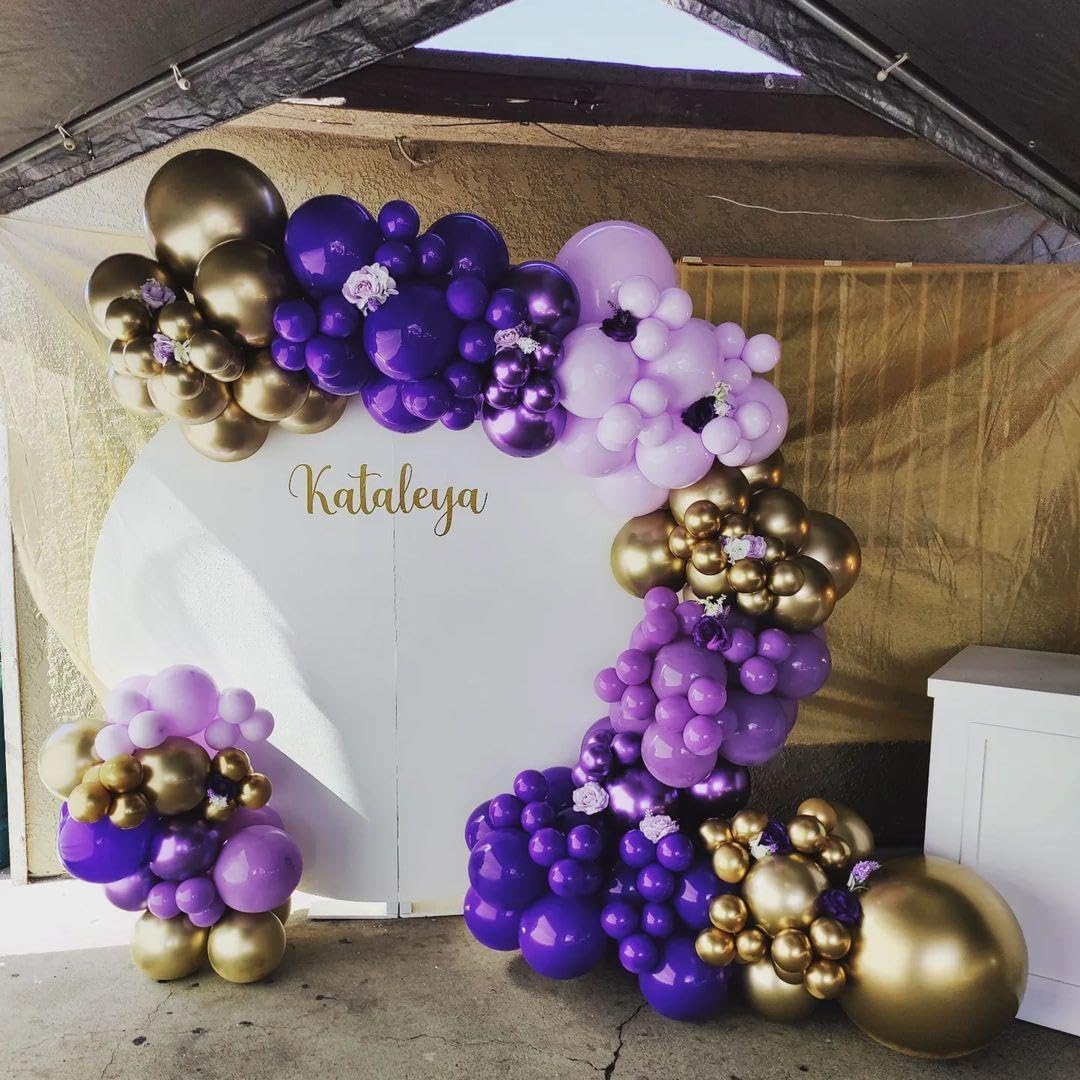 Purple and Gold Balloons Arch Kit, 140Pcs Dark Purple Metallic Gold Lavender Lilac Metallic Purple with Confetti Balloons for Baby Shower Girl Princess Party Women Birthday Wedding Decorations