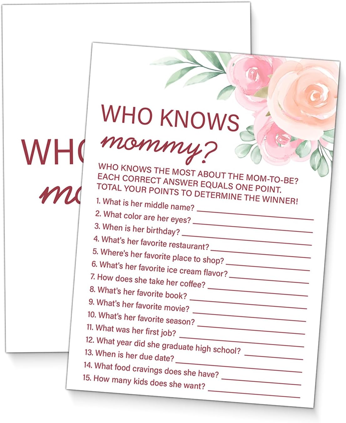 Who Knows Mommy Best Baby Shower Games for Girl, Baby Shower Ideas, Gender Reveal Games, 20 Floral Game Cards for Guests