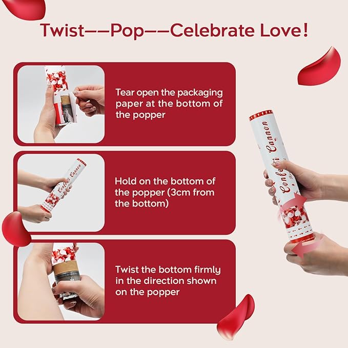 Confetti Cannon 12 Pack Red Party Poppers 12 Inch Biodegradable Red Rose Petal Confetti Poppers, Romantic Wedding Poppers Red Confetti Shooter for Birthday Graduation Wedding Bridal Shower Anniversary
