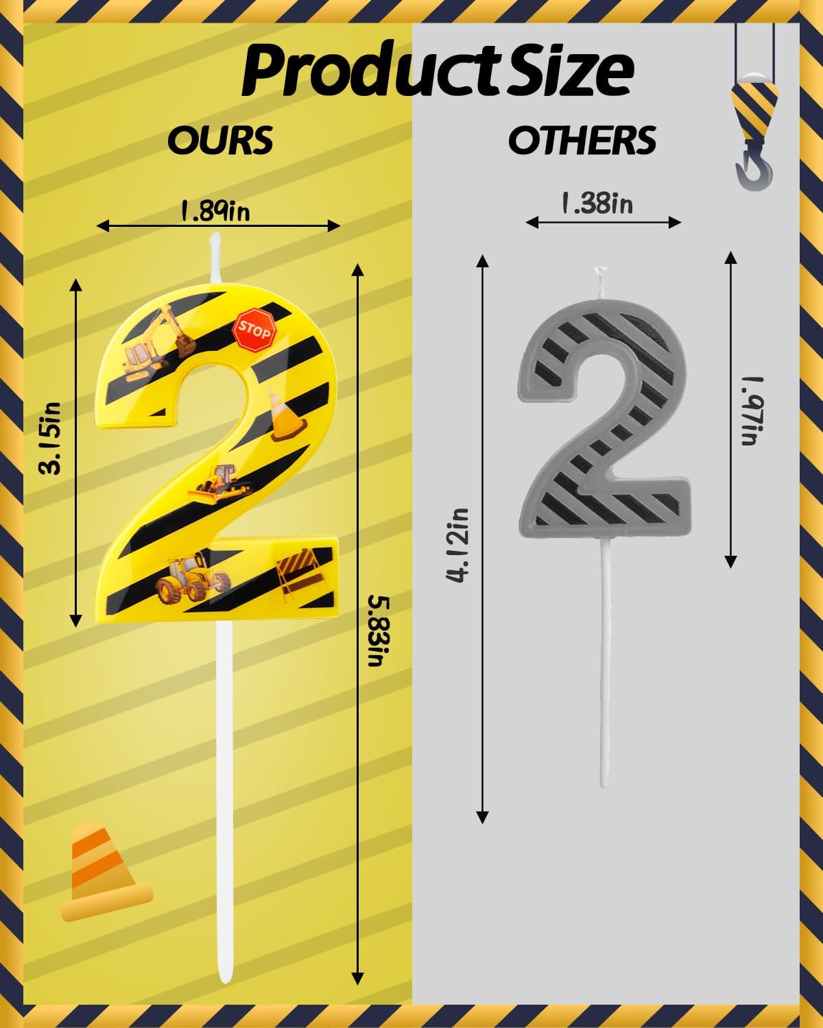 Number 2 Construction Birthday Candle, 2.68 Inch Yellow and Black Striped Candle, Birthday Candles Numbers Construction Cake Topper for Boys Girls, Construction Birthday Party Supplies Decorations