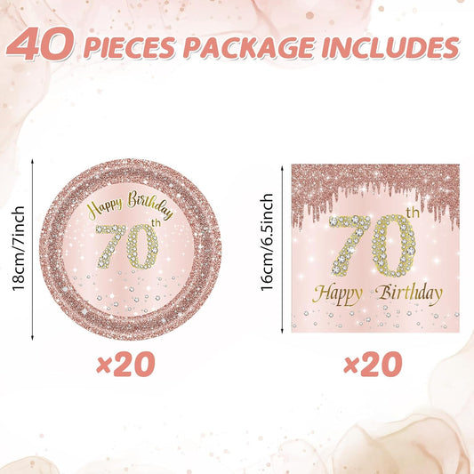 70th Birthday Decorations, Rose Gold Birthday Party Supplies Include 20Pcs Plates 20Pcs Napkins Sweet Seventy Year Old Party Tableware for Girl Ladies Women