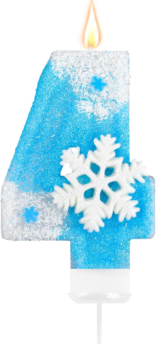 Frozen Birthday Party Decorations, Number 4 Birthday Candle, Frozen Birthday Party Favors, Happy Birthday Candle for Cake, Blue Snowflake Cake Topper Decoration for 4th 4 Year Old Party Favor Supplies
