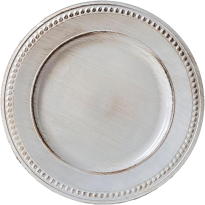 White Charger Plates,13 Inch Vintage Dinner Plate Chargers Round Server Ware.Set of 6 Plastic Beaded Chargers for Dinner Plates, Party, Wedding(White)