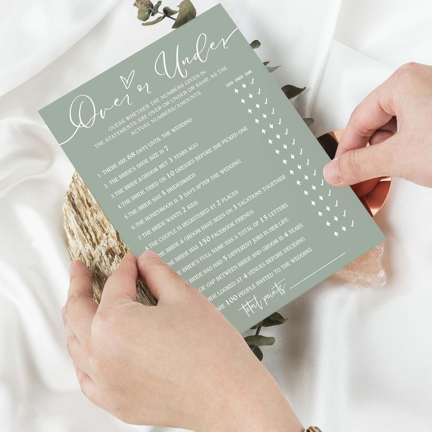 Bridal Shower Games Cards, Guess Over or Under, Bridal Shower Game 25 Guests, Engagement Party Wedding Games for Guests, Minimalist Green Wedding Party Supplies - C13