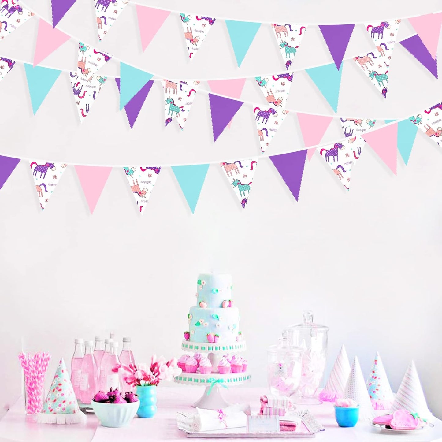 32Ft Pink Purple Blue Pennant Banner Fabric Triangle Flag Bunting Garland for Rainbow Theme Summer Decor Magical Birthday Wedding Party Home Outdoor Garden Hanging Decorations