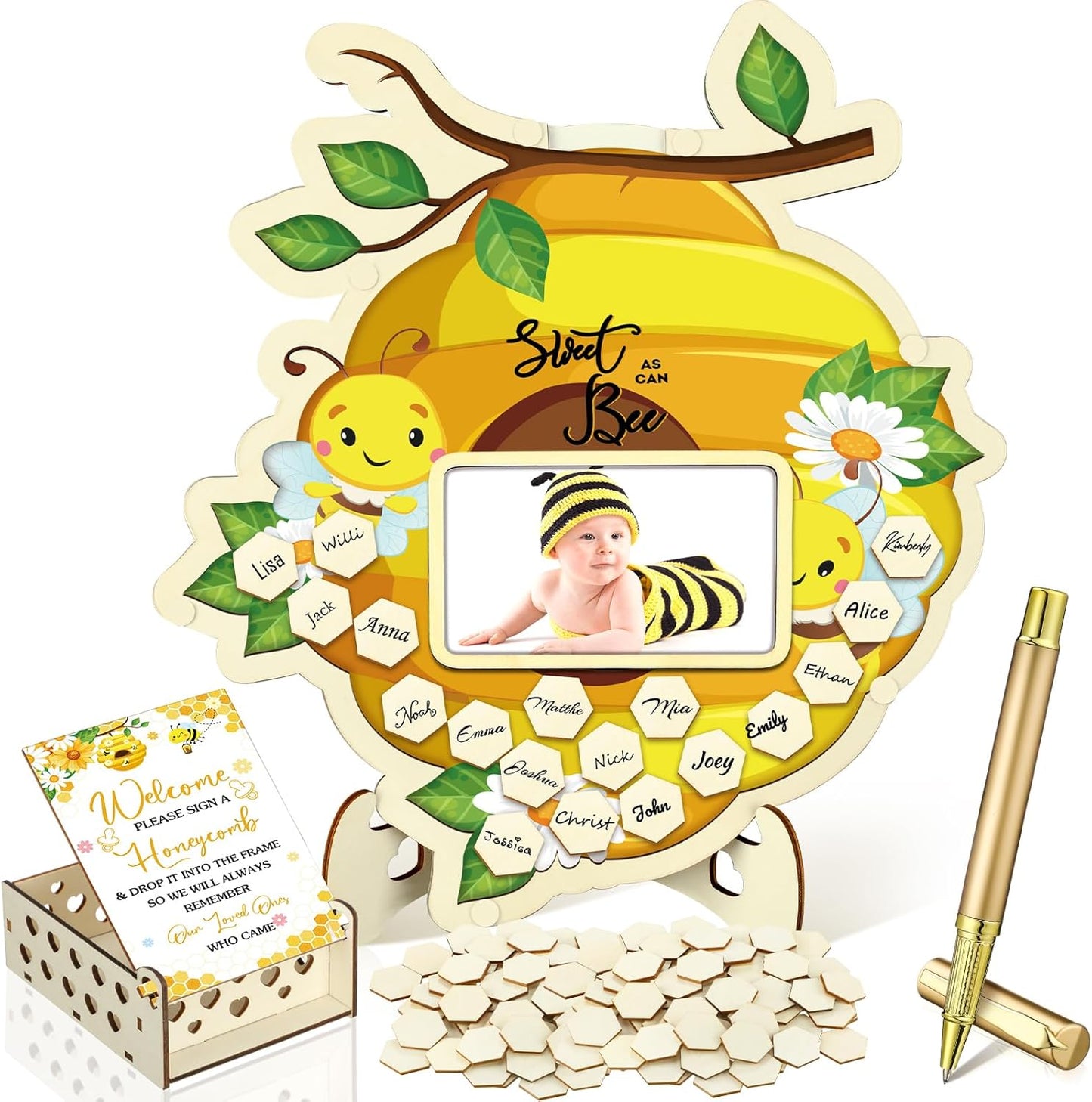 Wenqik 63 Pcs Bee Baby Shower Guest Book Alternatives Set Baby Shower Decorations with Photo Frame Sonogram Frame Keepsake 60 Wood Slices Guest Book for Birthday
