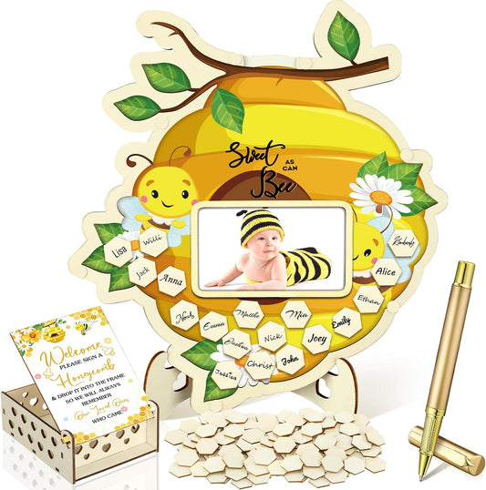 Wenqik 63 Pcs Bee Baby Shower Guest Book Alternatives Set Baby Shower Decorations with Photo Frame Sonogram Frame Keepsake 60 Wood Slices Guest Book for Birthday