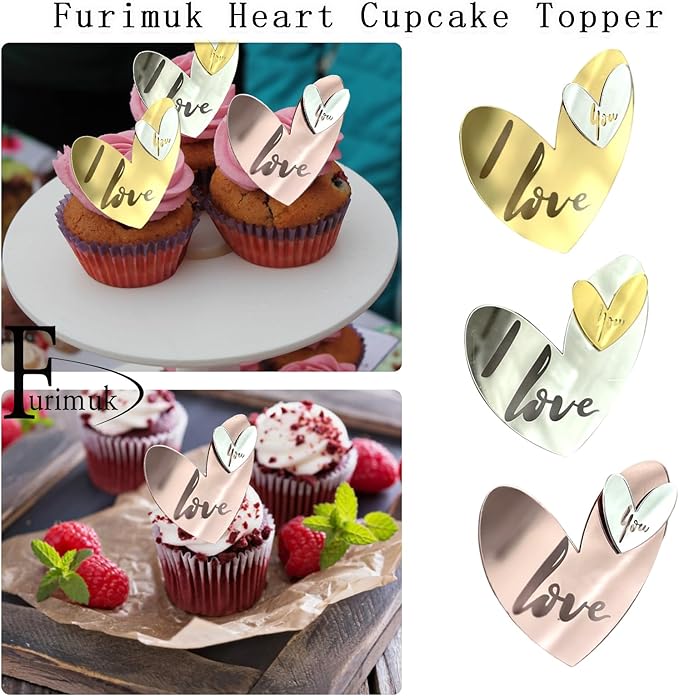 24 Pcs Love Heart Acrylic Cupcake Topper Cake Decoration Disc Mirror Acrylic Cake Topper Engraved Personalized Cake Topper for Valentine's Day Wedding Mother's Day (24, Gold)