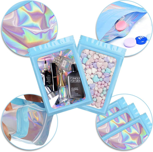 ANZNKU 100 Pcs Smell Proof Mylar Resealable Bags, Holographic Packaging Bags, Resealable Odor Foil Pouch Zip Bag with Clear Window for Food Storage and Lipgloss, Jewelry Lash (Blue, 5.5 x 7.9 Inch)