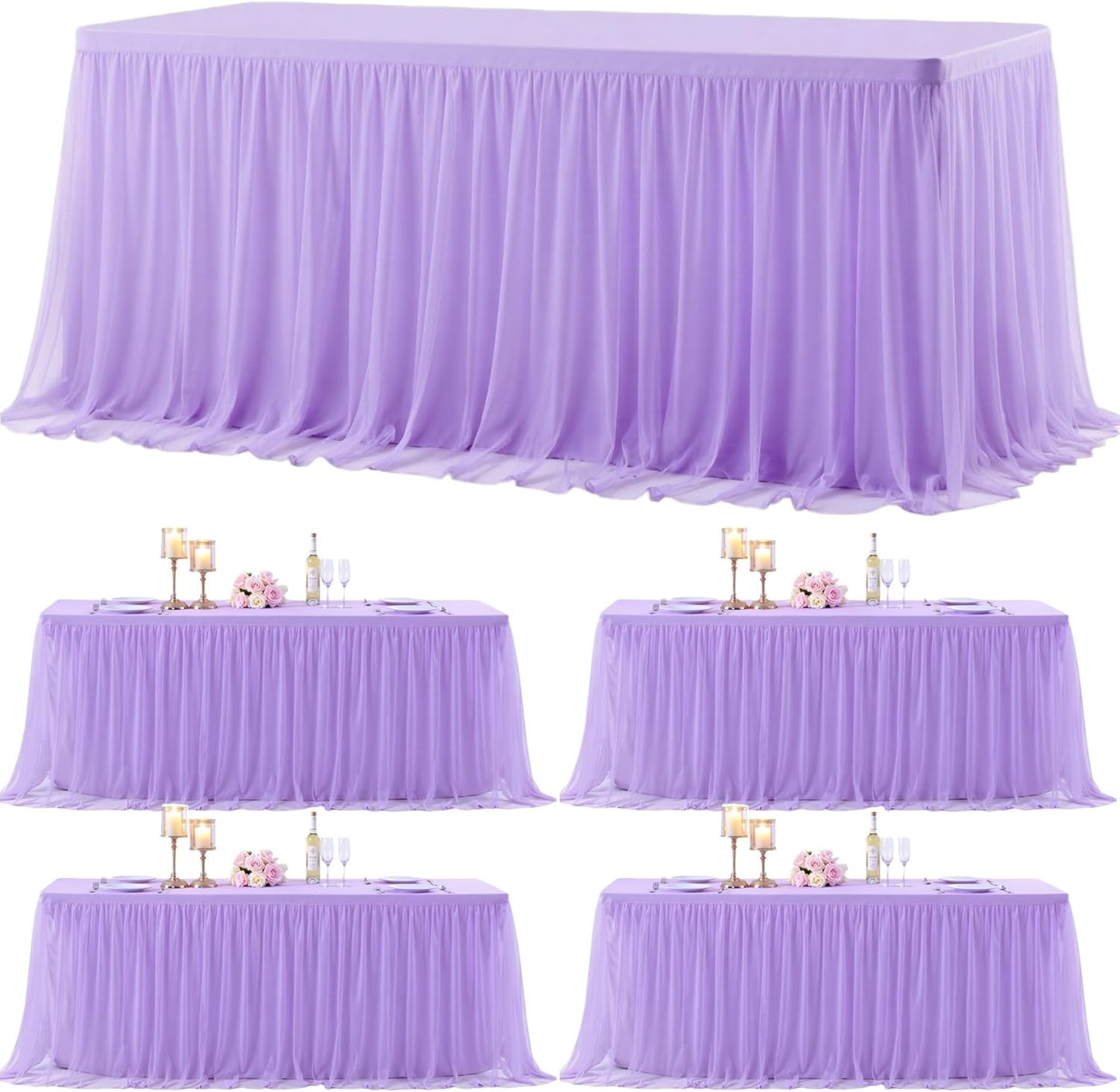 Suppromo 4 Pack 8ft Lavender Tulle Tablecloths for Rectangle Tables 8 Foot Rectangular Table Cloth Wrinkle Free Table Cover with Tutu Skirt for Wedding Baby Shower Birthday Party Banquet Buffet Cake