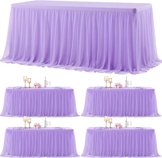 Suppromo 4 Pack 8ft Lavender Tulle Tablecloths for Rectangle Tables 8 Foot Rectangular Table Cloth Wrinkle Free Table Cover with Tutu Skirt for Wedding Baby Shower Birthday Party Banquet Buffet Cake