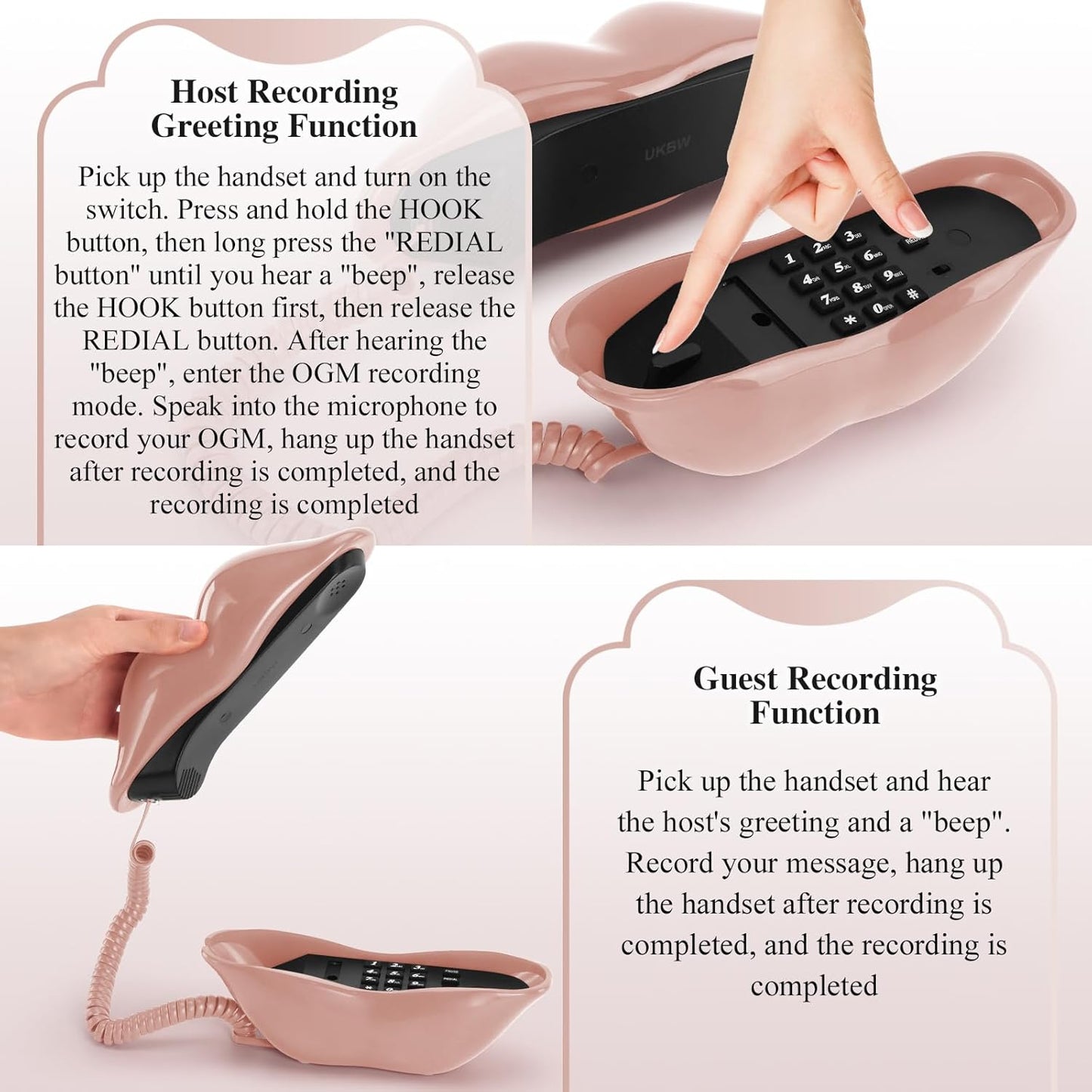 UKBW Audio Guest Book Wedding Phone, 32G Record Customized Audio Message,Interesting Mouth Lip-Shaped Audio Guestbook for Birthdays Parties Confessions Special Occasions (Pink)