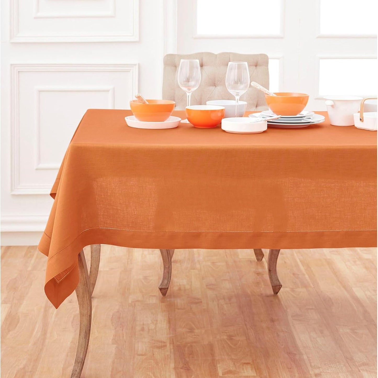 Solino Home Pumpkin Linen Tablecloth 60 x 120 Inch - Classic Hemstitch, 100% Pure Linen Rectangular Tablecloth - Machine Washable Table Cloth for Fall, Autumn, Halloween, Thanksgiving, Holiday