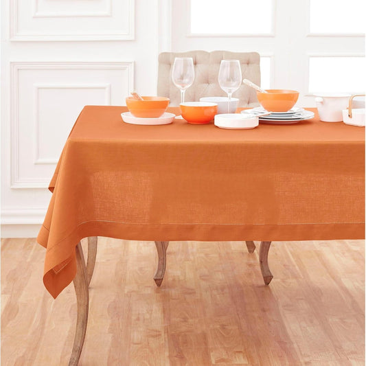 Solino Home Pumpkin Linen Tablecloth 60 x 120 Inch - Classic Hemstitch, 100% Pure Linen Rectangular Tablecloth - Machine Washable Table Cloth for Fall, Autumn, Halloween, Thanksgiving, Holiday