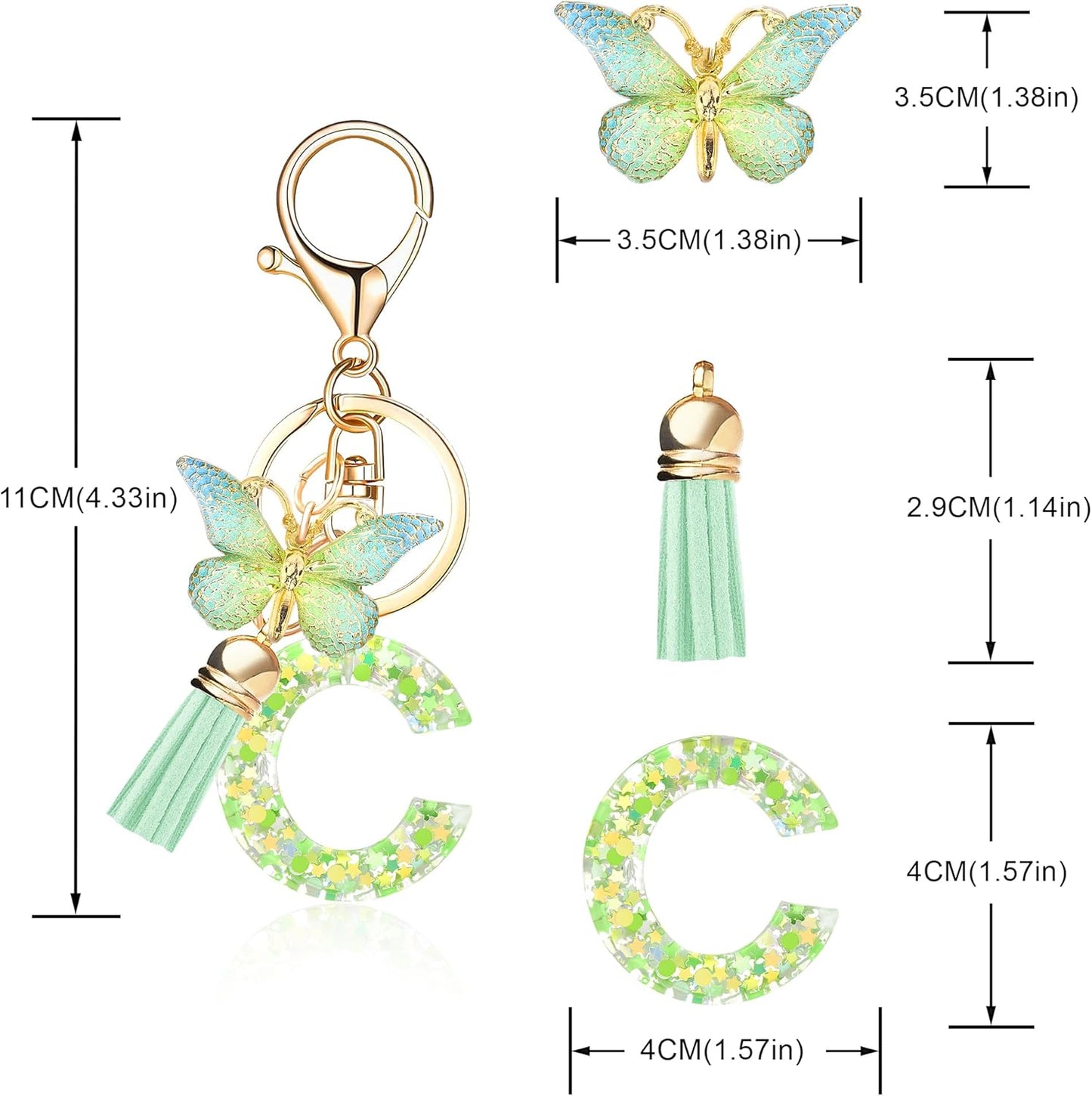 Fashion Alphabet Initial Letter Keychain Tassel Butterfly Pendant Key Ring for Purse Handbags Women Girl