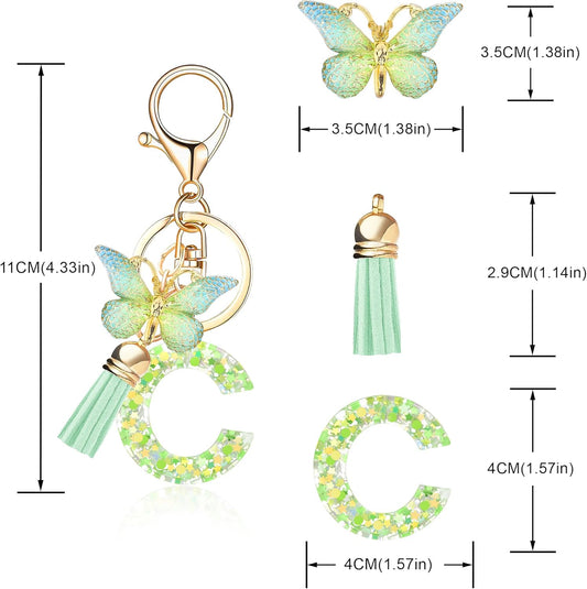 Fashion Alphabet Initial Letter Keychain Tassel Butterfly Pendant Key Ring for Purse Handbags Women Girl