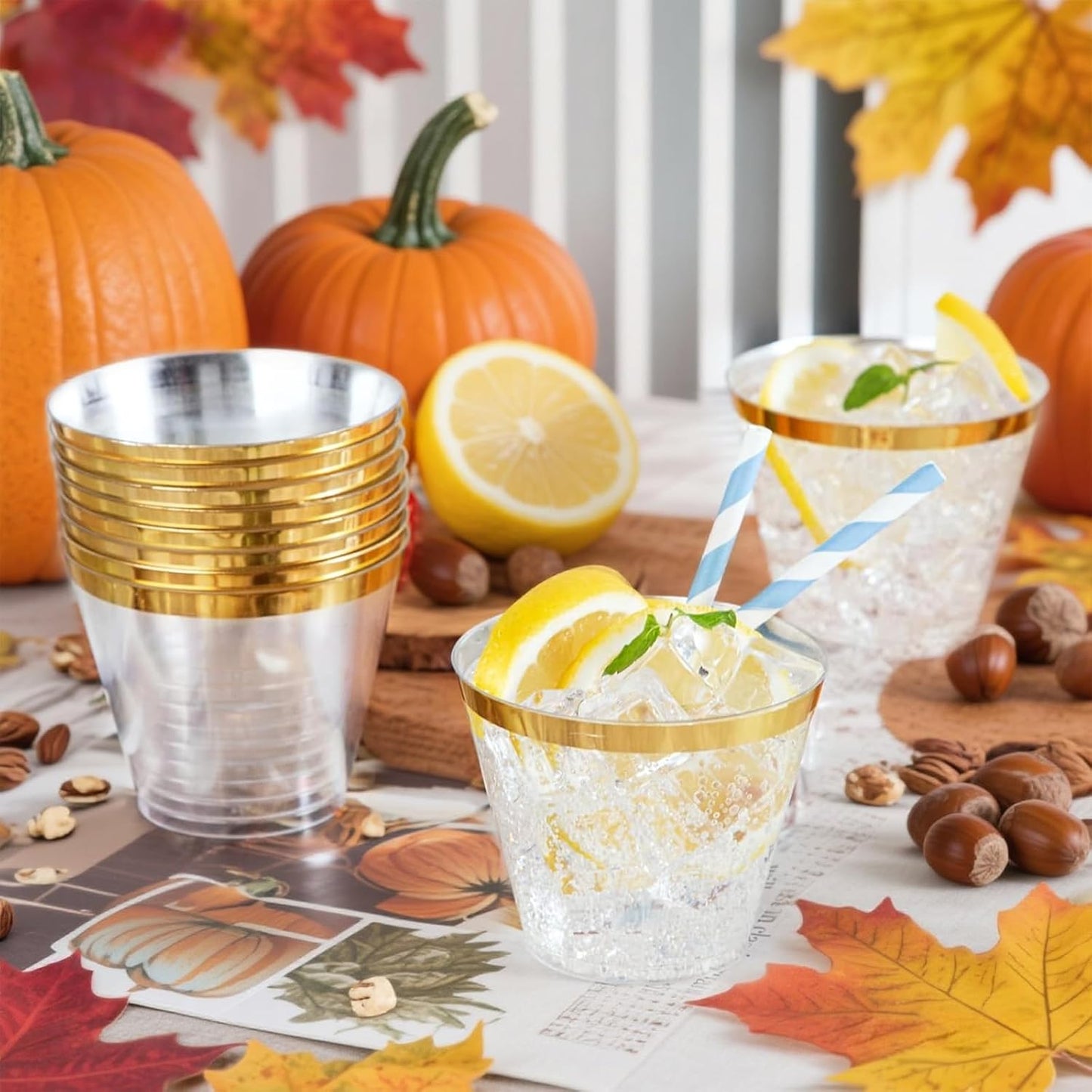 Ciaell 200PCS Gold Plastic Cups - 9Oz Heavy Duty Disposable Clear Plastic Cups with Gold Rim for Wine, Cocktail, Party & Wedding & Thanksgiving