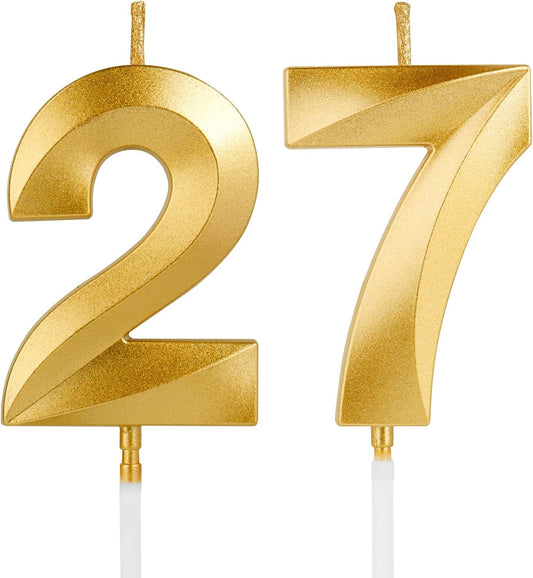 Birthday Candles, 1.96 Inch Number 27 Happy Birthday Candles, Number Candles Decoration for Birthday Party and Anniversary Celebration(Champagne Gold)