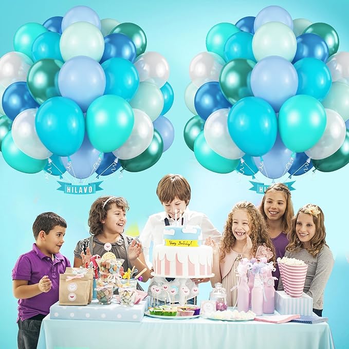 Blue Green Teal Balloons 60 Pcs Ocean Blue Green Pearl White Balloons 12 Inch Under the Sea Shark Whale Underwater World Theme Balloon Set for Boys Baby Shower Gender Reveal Birthday Party Decorations