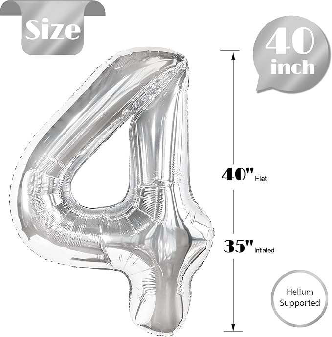 Silver 4 Balloon, Number Balloons 40 Inch, 4th Silver Party Decorations, Four Large Numbers for Party Decor, Number 4 Balloon