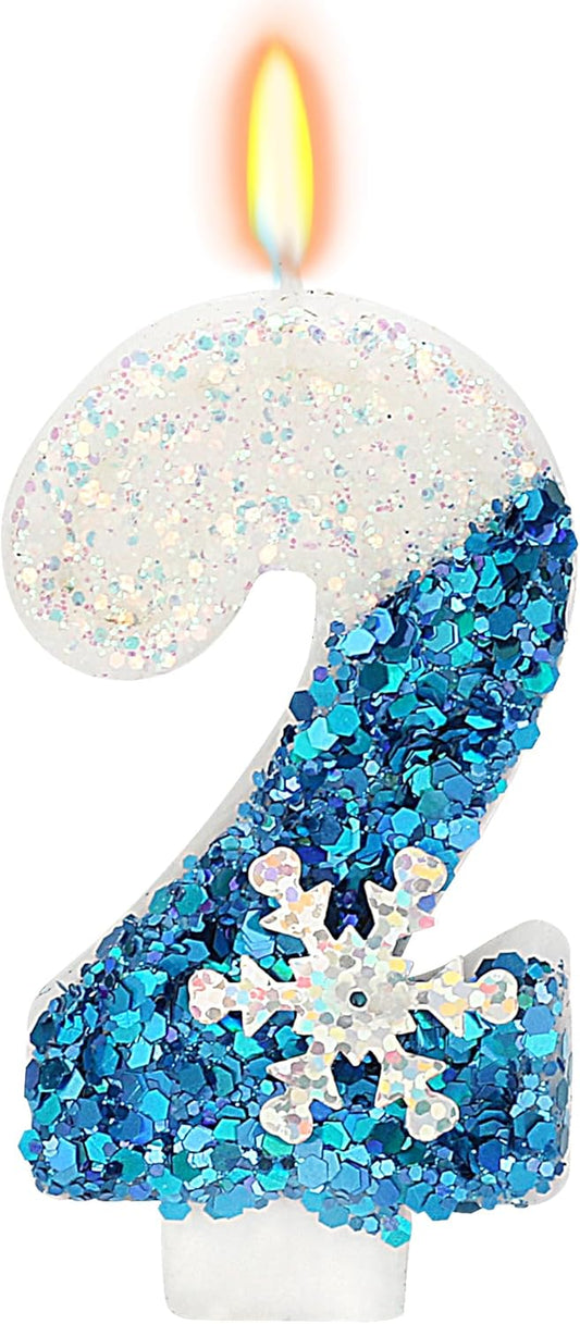 Snow Themed Birthday Candles, 2nd Birthday Candle for Party Supplies, Winter Birthday Party Supplies, 2.76 inch Number 2 Cake Topper Decoration (Number 2)