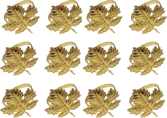 12Pcs Maple Leaves Napkin Rings, Fall Metal Napkin Rings Holder Maple Leaves Serviette Buckle Holder Autumn Leaf Napkin Buckle for Harvest Season Thanksgiving Fall Decoration