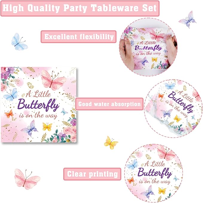 96Pcs Butterfly Baby Shower Party Supplies A Little Butterfly is On The Way Paper Plates Napkins Baby Girl Party Decorations Pink Floral Princess Girl Dinnerware Favor Tableware Serves 24