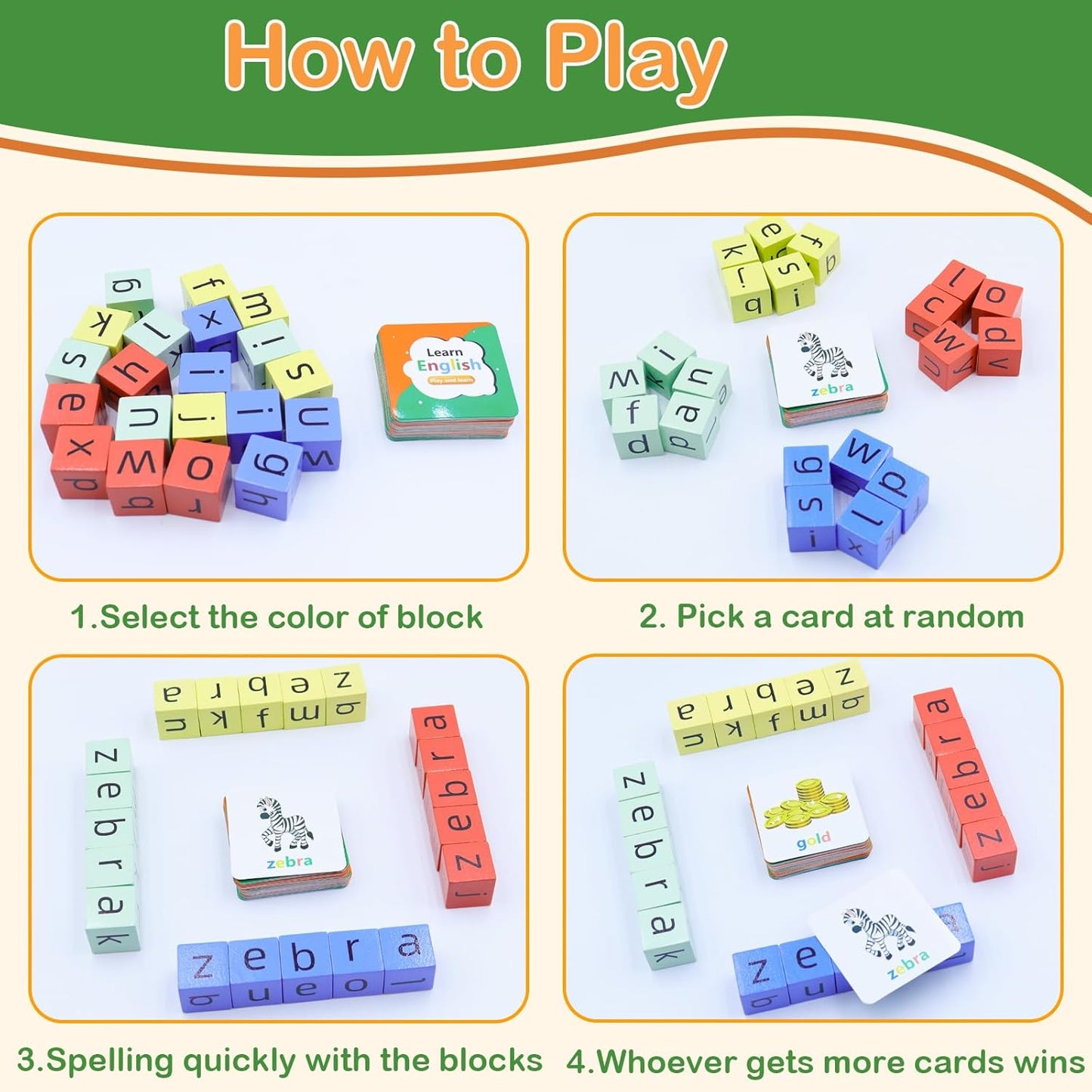 Word Spelling Game, Matching Letter Game for Kids, Fast-paced Word Race Game, 54pcs Flash Cards Alphabet Blocks, Preschool Learning Toys Gift for Kids Ages 3-8