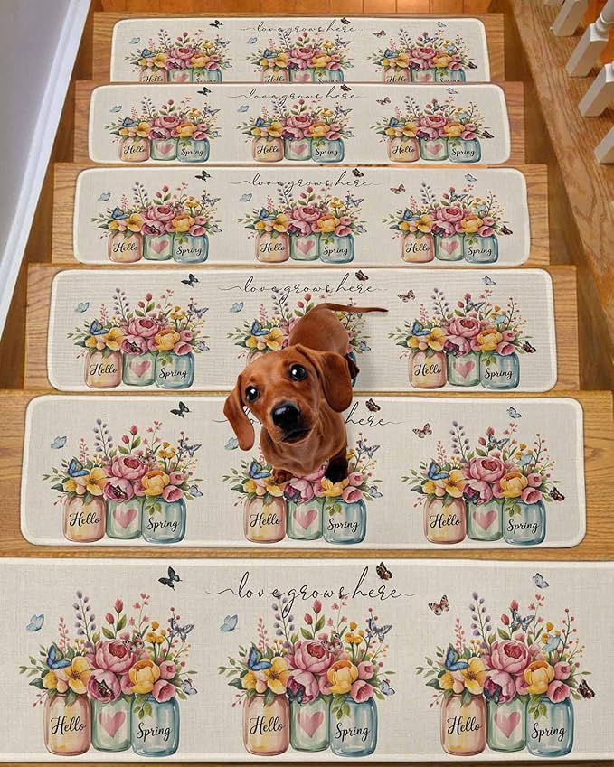 Hello Spring Stair Treads Non Slip for Wooden Steps Love Grows Here Color Flowers Leaf Retro Linen Stair Runner Carpet Reusable Adhesive Staircase Rugs for Dogs, Elders and Pets, 8x30 Inch, 15PCS