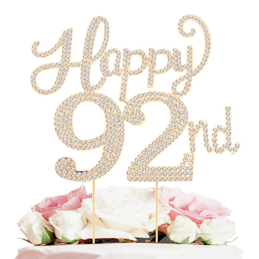 Happy 92nd Birthday Decorations,92nd Birthday Gold Rhinestone Cake Topper - Cheers to 92 Years Old Bday Party Metal Sparkly Cake Centerpieces Sign.