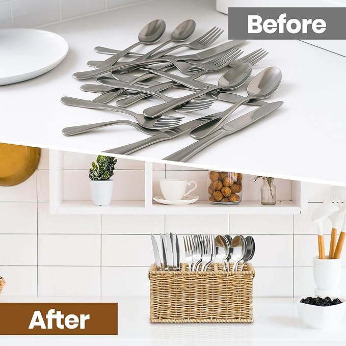 Wicker Utensil Holder, Woven Rattan Silverware Caddy for Party, Countertop Cutlery Storage Box, Knife Fork Spoon Holder, Cabinet Tabletop Silverware Organizer (M, Beige)