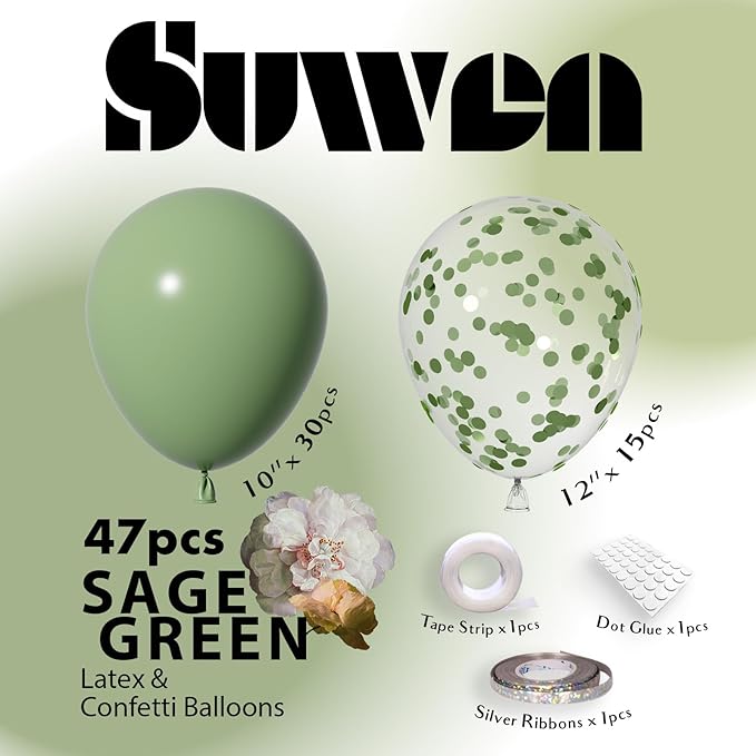 SUWEN Sage Green Balloons and Confetti Balloons Set 47PCS Latex Helium Olive Green Balloon for Birthday Anniversary Party Decorations