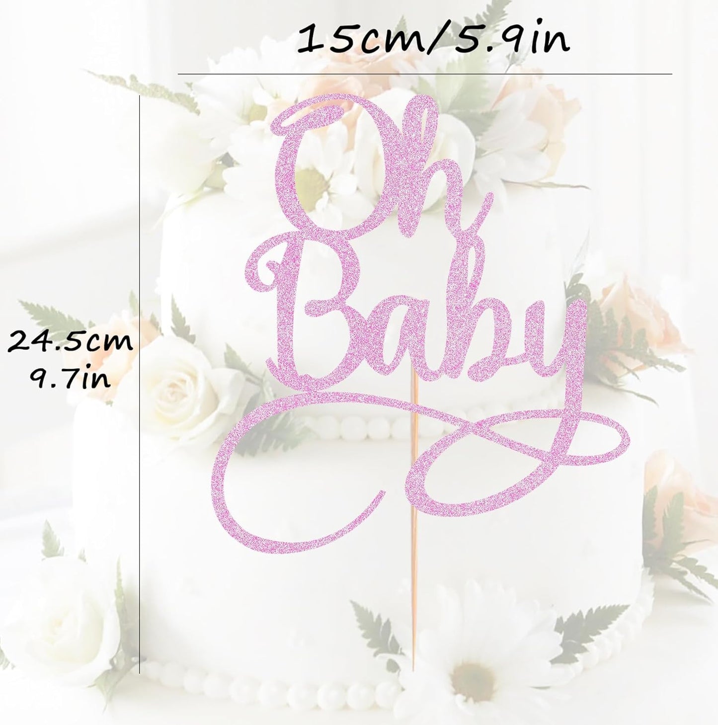 Oh Baby Cake Topper - Pink Glitter Baby Birthday Party Cake Decoration Supplies, for Baby Shower/Gender Reveal Party Photo Booth Props