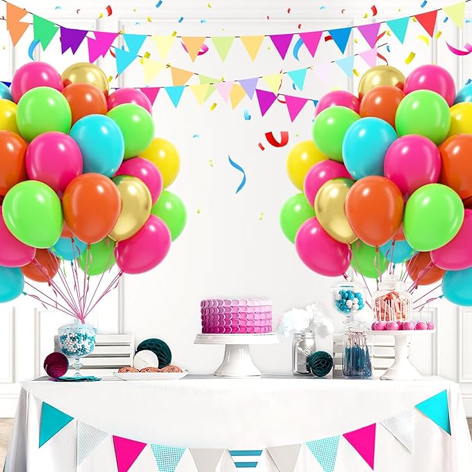 60pcs 12inch Tropical Balloons, Hot Pink Lime Green Teal Orange Yellow Metallic Gold Balloons for Luau Tropical Hawaiian Baby Shower Themed Birthday Party Decorations