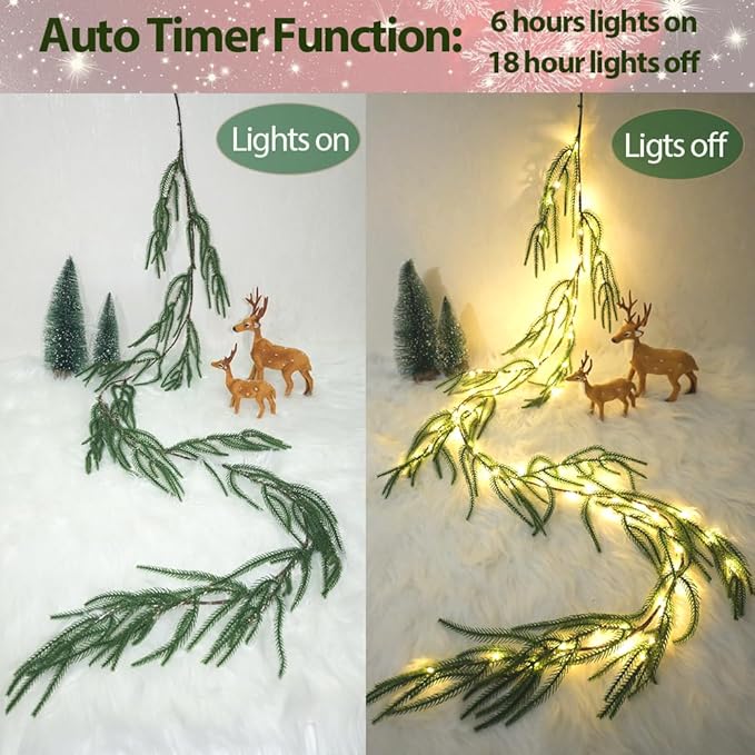 2025 New Christmas Norfolk Garland Lights 6.56FT Pine Garlands 96 LED 8 Flash Modes Battery Operated Xmas Garland Lights with Timer Lighted Christmas Decorations for Mantle Fireplace Door Home Holiday