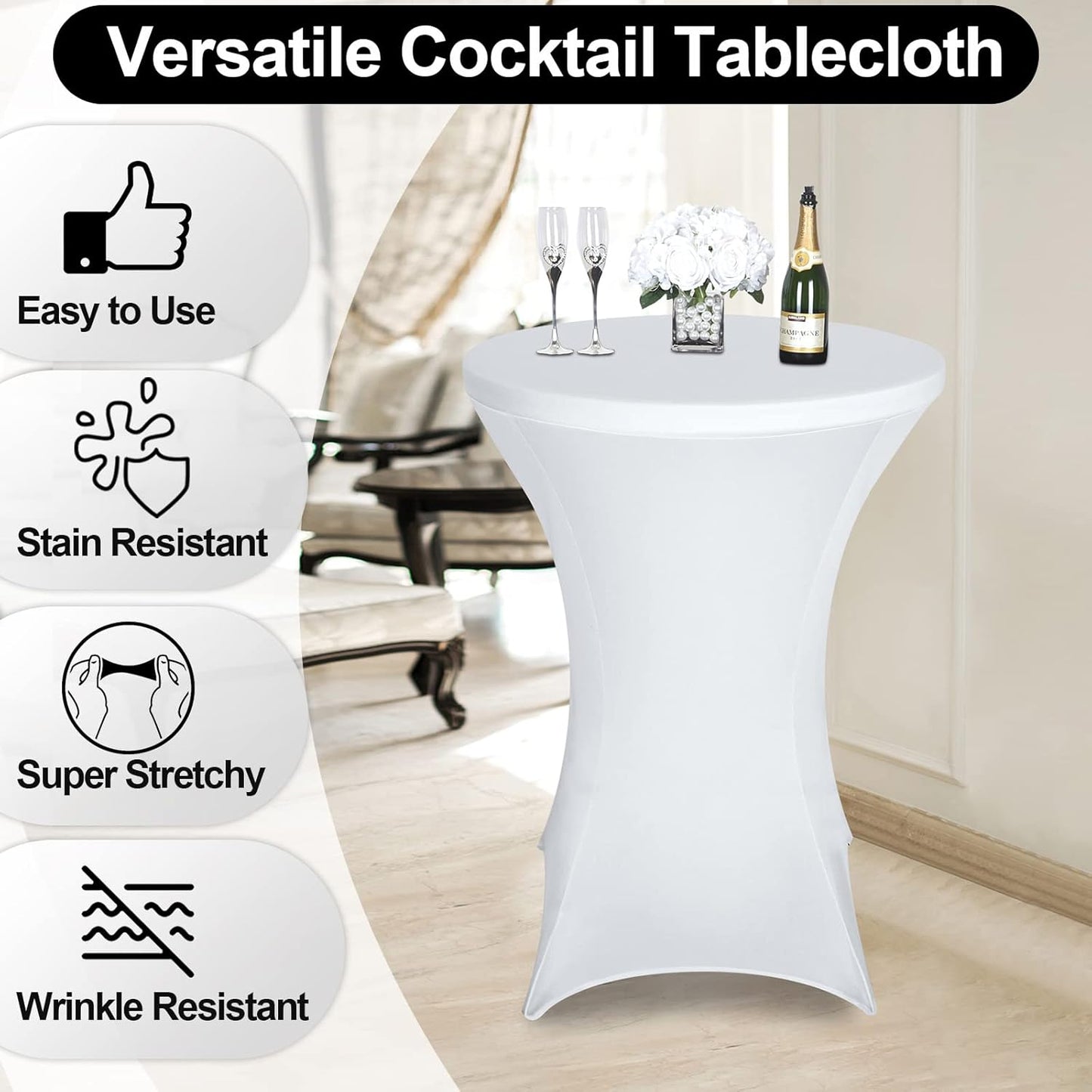 FestiCorp 10 Pack Spandex Table Cover, Cocktail Fitted Tablecloths, Round Highboy Stretch Table Covers Cloths for Party, DJ, Bar, Wedding, Birthday, Banquet, White, 30"-32" Diameter x 40"-43" Height