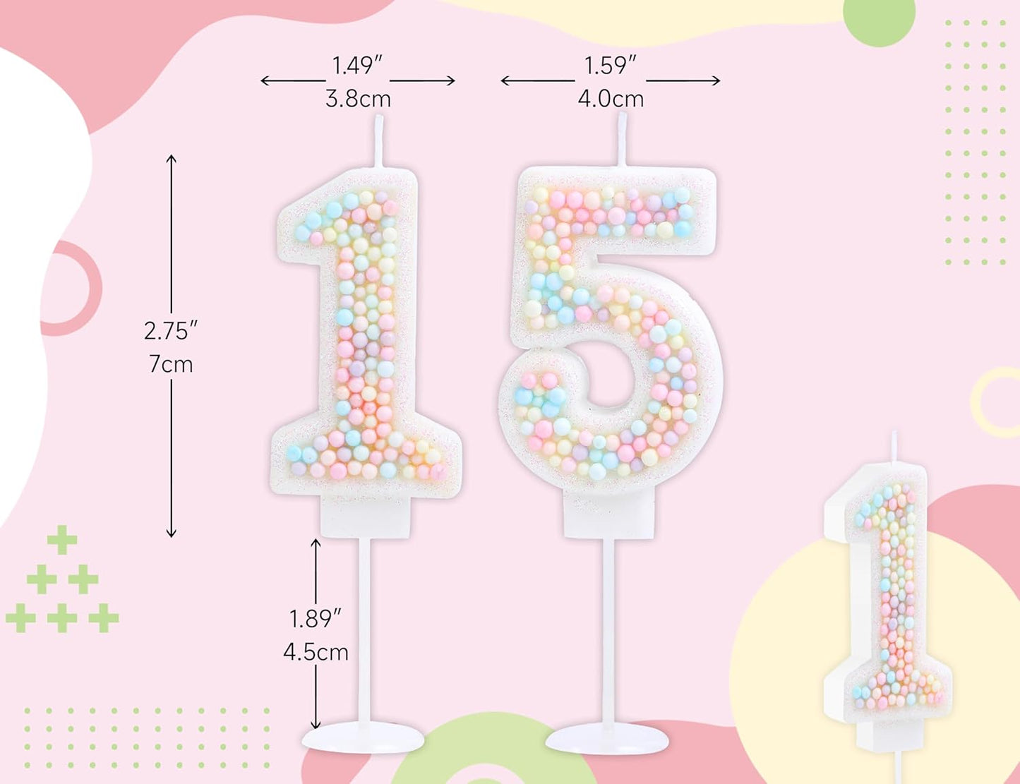 15th Birthday Candle Macaron Glitter 3D Pastel Number 15 Candles for Birthday Cakes Girl Women Sweet Theme Birthday Wedding Anniversary Party Cake Decoration