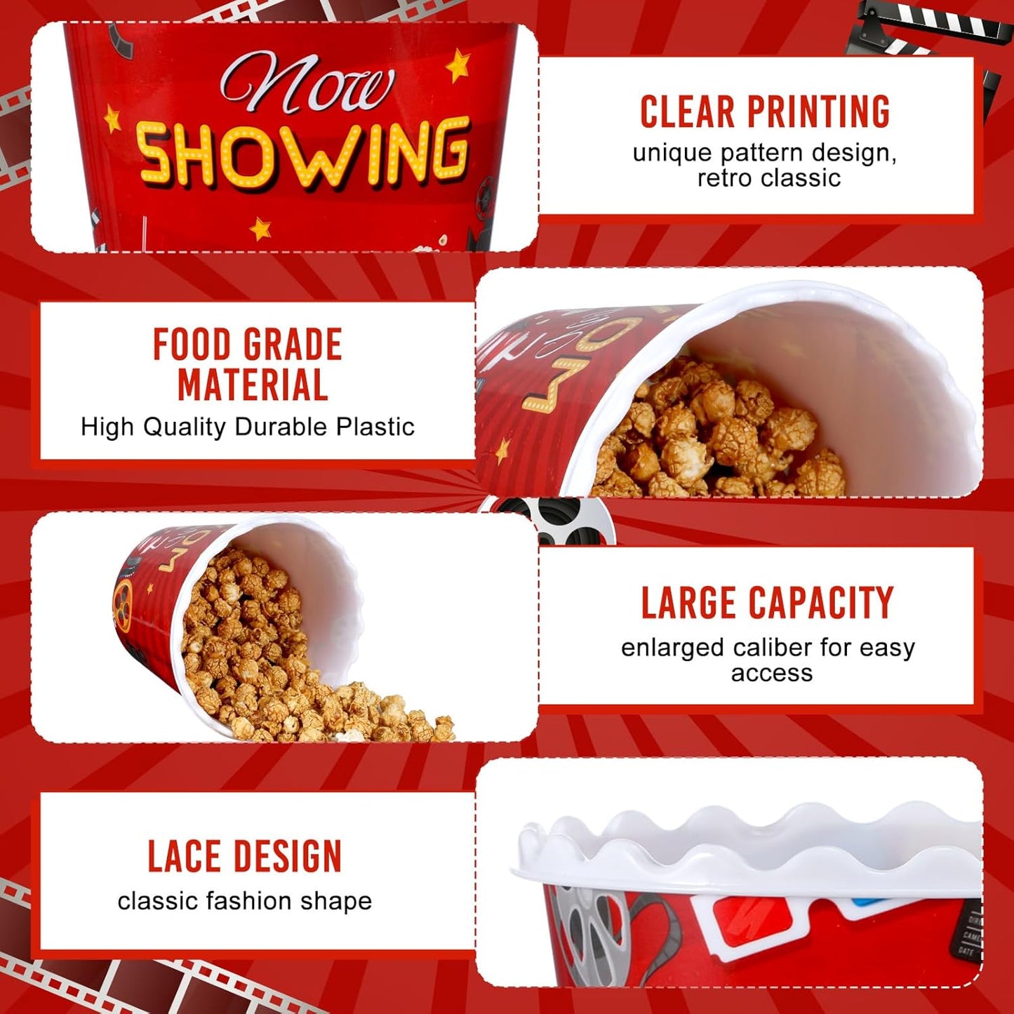 Roshtia 6 Pieces Plastic Popcorn Containers Reusable Buckets 75 oz Popcorn Boxes Bowl with Scoop Retro Style Red Plastic Scoop Set for Movie Theater Night(Movie)