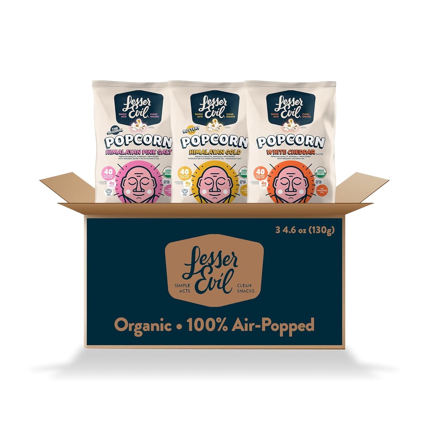 LesserEvil Organic Popcorn Variety Pack, Himalayan Pink Salt (4.6 oz Bag), Himalayan Gold (4.6 oz Bag), and White Cheddar Flavor (4.6oz Bag)