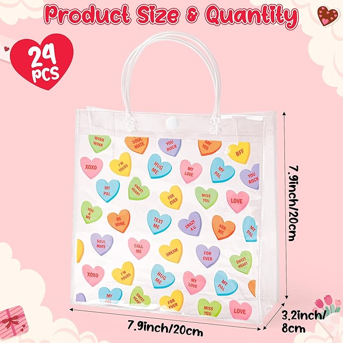 H1vojoxo Valentine's Day Gift Bags - 24PCS Wedding Conversation Heart Clear Bags 7.9x3.2x7.9 Inch Valentine Clear PVC Tote Bag with Handle Reusable PVC Gift Wrap Bag for Valentine Party Favor