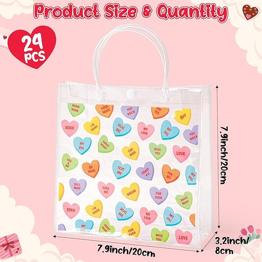 H1vojoxo Valentine's Day Gift Bags - 24PCS Wedding Conversation Heart Clear Bags 7.9x3.2x7.9 Inch Valentine Clear PVC Tote Bag with Handle Reusable PVC Gift Wrap Bag for Valentine Party Favor