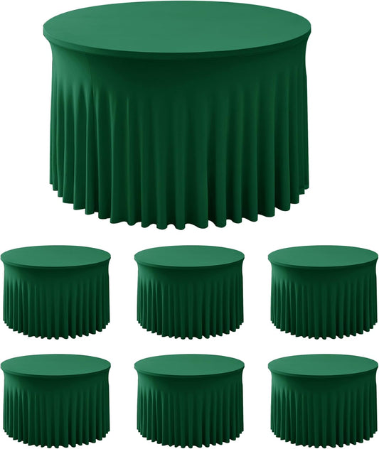 HolidayIdeas 6 Pack Hunter Green Spandex Table Skirts for 60 Inch Round Tables, Fitted Covers for Christmas Receptions
