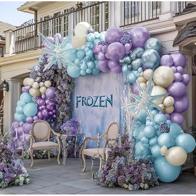 Frozen Balloon Garland Arch Kit, Double Stuffed Purple Blue White Pearl Balloons with Iridescent Star Foils for Birthday Christmas Baby Shower Frozen Wedding Winter Party Decorations