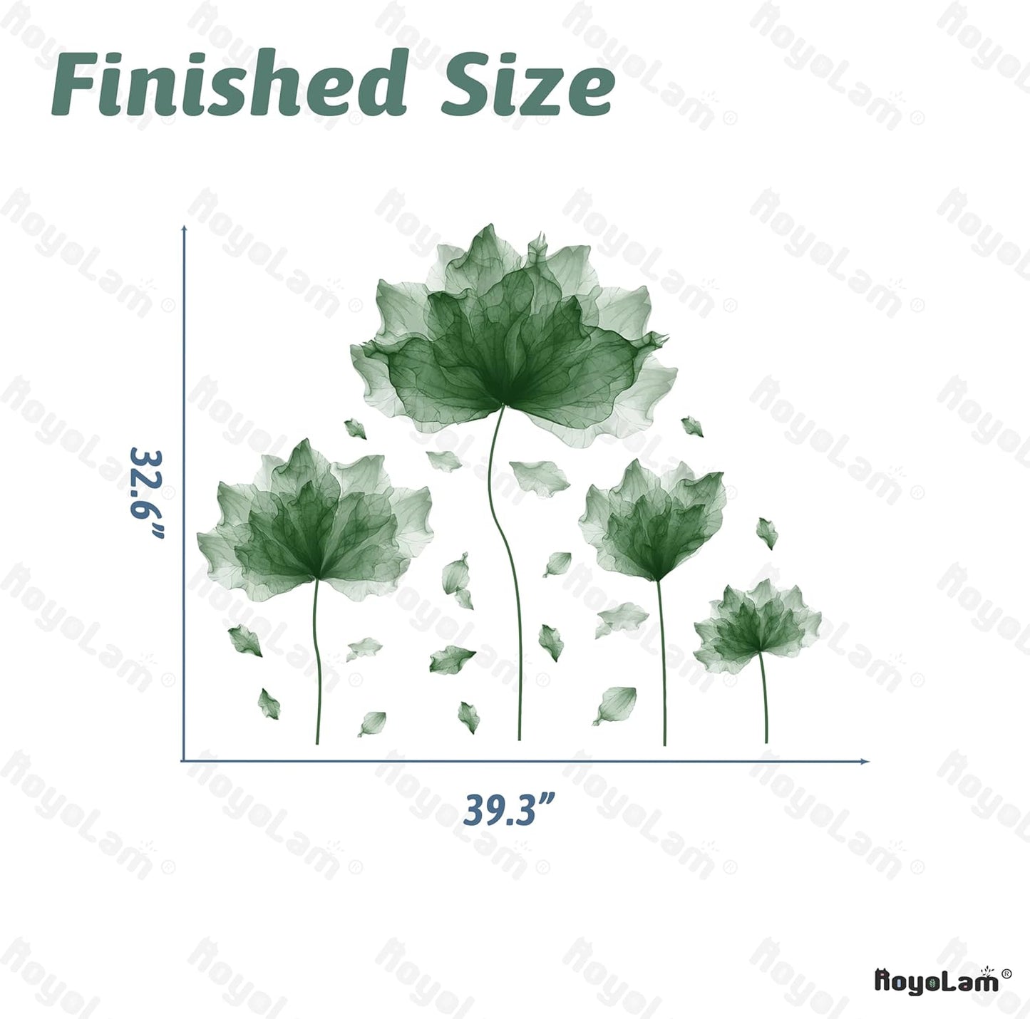 39.3'' x 32.6'' Huge Flower Petal Wall Decals Living Room Floral Wall Stickers Removable Peel and Stick Waterproof Wall Art Decor Stickers for Bedroom Bathroom Office (Blackish Green)