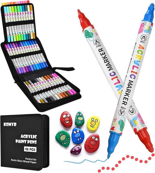 KEMYR 48 Colors Acrylic Paint Pens, Dual Tip Acrylic Paint Markers for Paper, Wood, Canvas, Stone, Rock Painting, Glass, Fabric, DIY, Ceramic, Art Supplies for Adults Drawing (Dot + Fine)