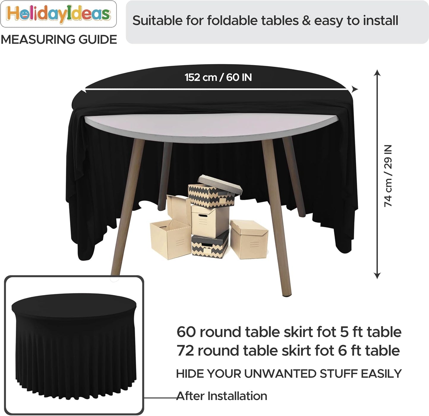 HolidayIdeas 60 Inch Black Spandex Round Table Skirts,Fitted Stretch Tablecloths for Round 5 ft Table, Wrinkle-Free Ruffle Design Tablecloths for Banquets,Trade Shows, Parties, Events, 4 Pcs