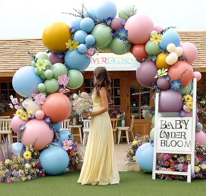 Blue Green Pink Balloon Arch with Cosmos Kelsang Flowers Double Stuffed Pastel Green Purple Yellow Beige Balloons for Wildflower Baby Shower Easter Spring Tea Gender Reveal Bridal Party Decor