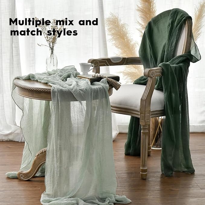 Artoid Mode Boho Cheesecloth Gauze Forest Green Wedding Table Runner, 120 Inch Seasonal Fabric Kitchen Dining Holiday Table Decor for Home Party Indoor