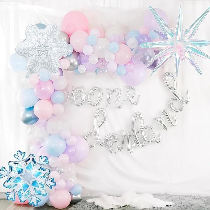 Winter Wonderland Balloon Arch Garland Kit, Snowflake Blue Pink Purple Silver White Balloons Snowflake Star Foil Balloon for Holiday Snow Princess Xmas Christmas Baby Shower Birthday Party Decorations